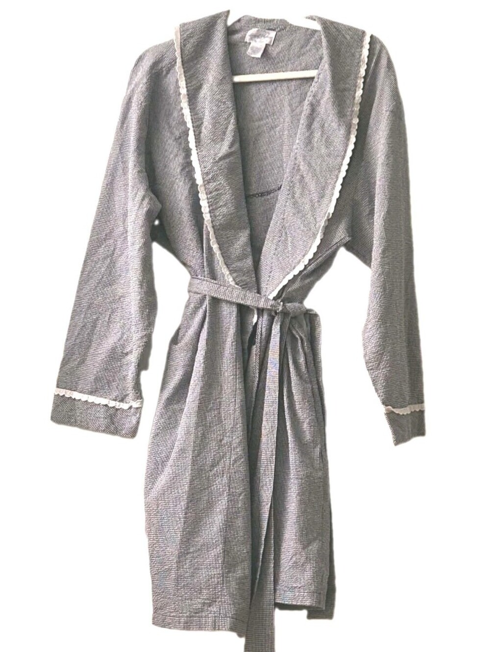 Lanz of Salzburg Gingham Robe Navy Blue White Women's Size L/XL Eyelet Lace Trim